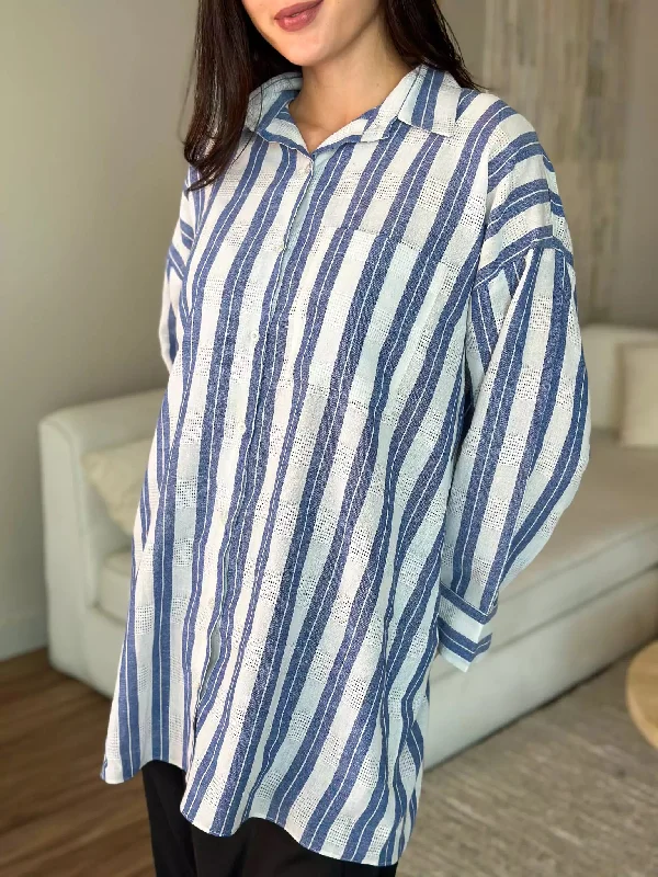 Blue Stripes Button Down Long Shirt