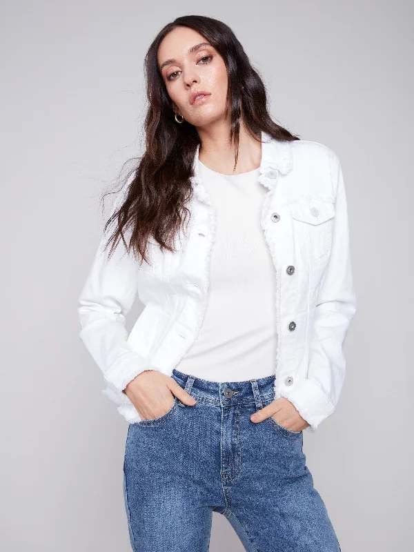 Twill Jean Jacket with Frayed Edges - White