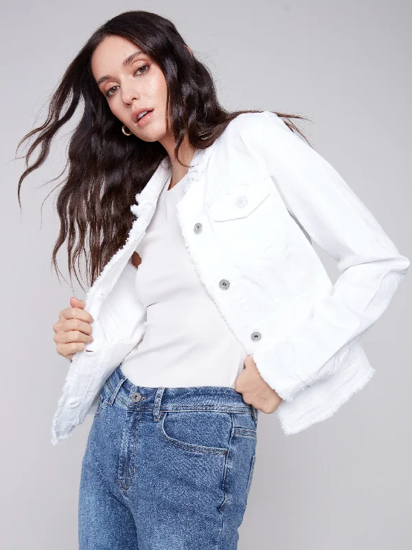 Twill Jean Jacket with Frayed Edges - White