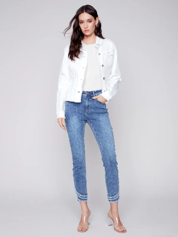 Twill Jean Jacket with Frayed Edges - White