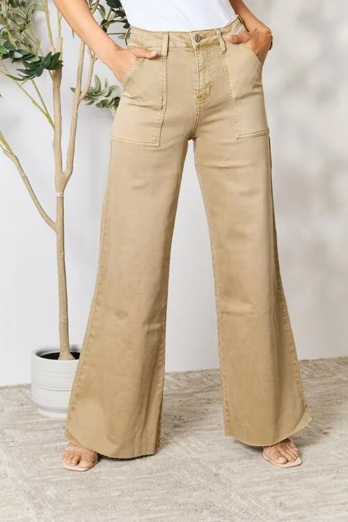 BAYEAS Raw Hem Wide Leg  Khaki Jeans