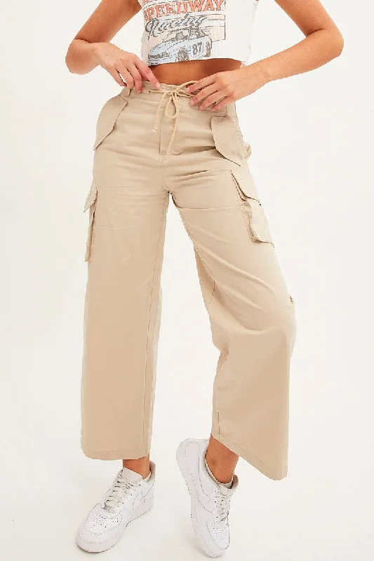 Beige Cargo Pants Relaxed Wide Leg