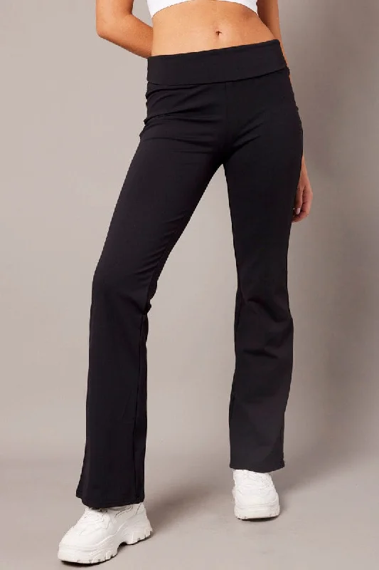 Black Flared Pants Fold Up Waist Mid Rise