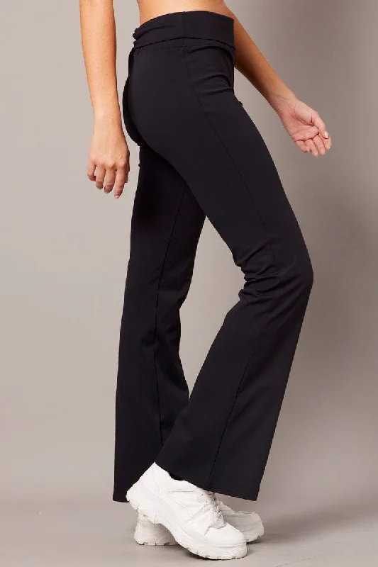 Black Flared Pants Fold Up Waist Mid Rise