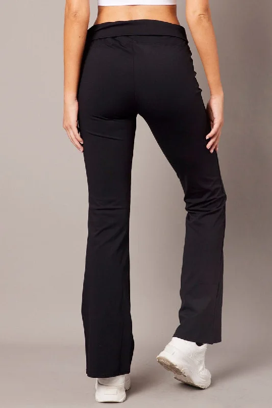 Black Flared Pants Fold Up Waist Mid Rise