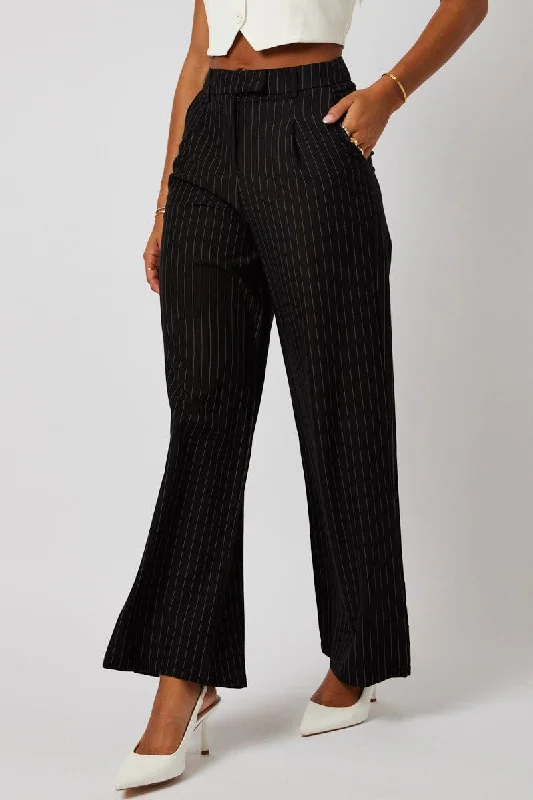 Black Stripe Wide Leg Pants High Rise