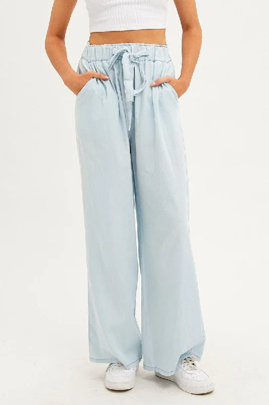 Blue Chambray Pant Tie Front Wide Leg