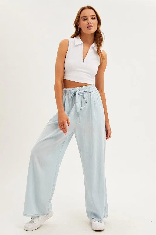 Blue Chambray Pant Tie Front Wide Leg