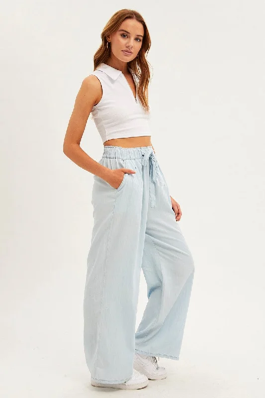 Blue Chambray Pant Tie Front Wide Leg