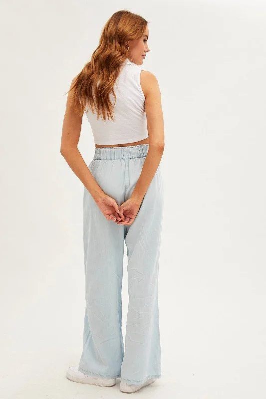 Blue Chambray Pant Tie Front Wide Leg