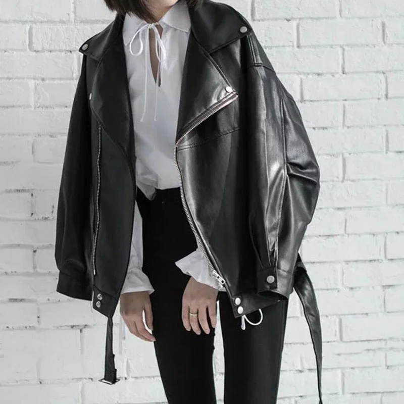 Spring Black PU Leather Loose Turn-down Collar