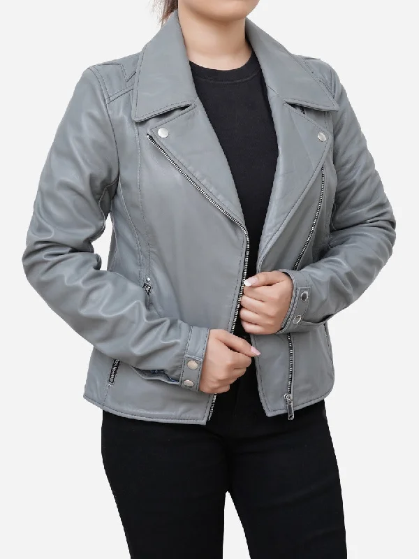 Elizabeth Classic Sheepskin Grey Leather Moto Jacket