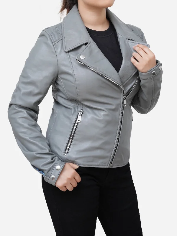 Elizabeth Classic Sheepskin Grey Leather Moto Jacket