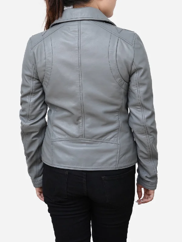 Elizabeth Classic Sheepskin Grey Leather Moto Jacket