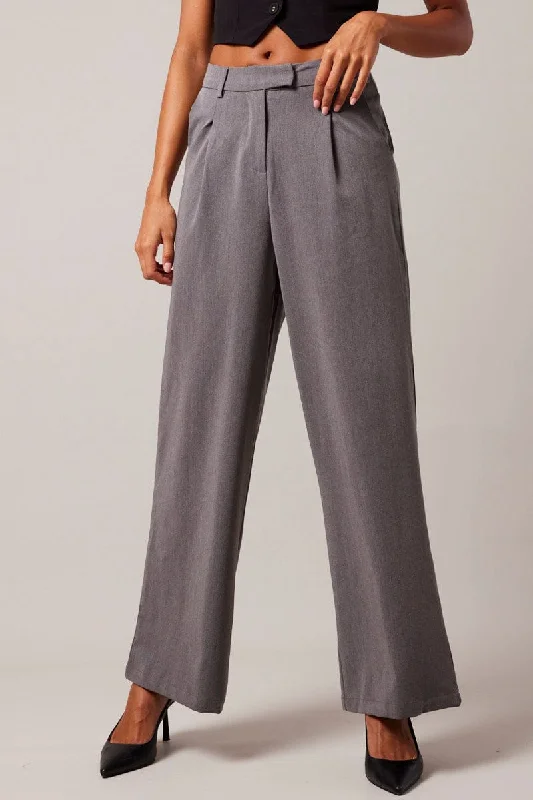 Grey Wide Leg Pants High Rise