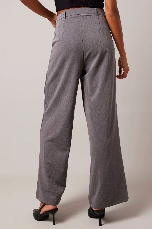 Grey Wide Leg Pants High Rise