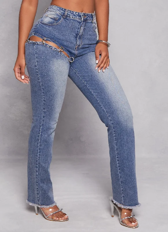 Cut Out Ring Detail Straight Leg Jeans