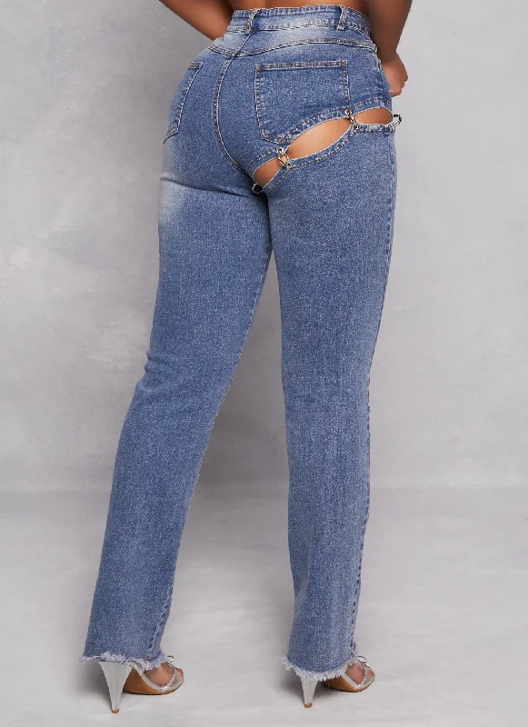 Cut Out Ring Detail Straight Leg Jeans