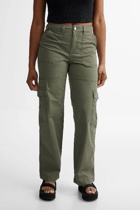 Pantalon cargo taille haute ajustable en twill - Femme