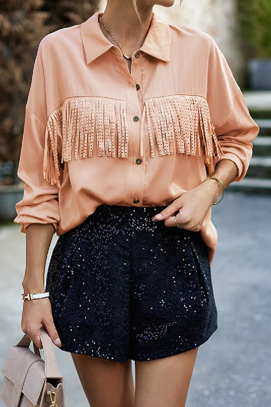 Casual Solid Tassel Shirt Collar Blouse