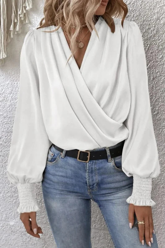 Elegant Solid Fold V Neck Blouse