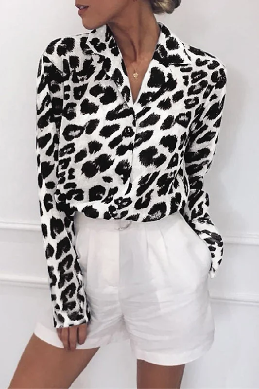 Fashion Casual Leopard Buckle Turndown Collar Blouse