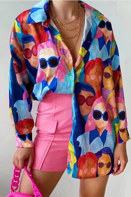 Street College Geometric Patchwork Shirt Collar Blouse