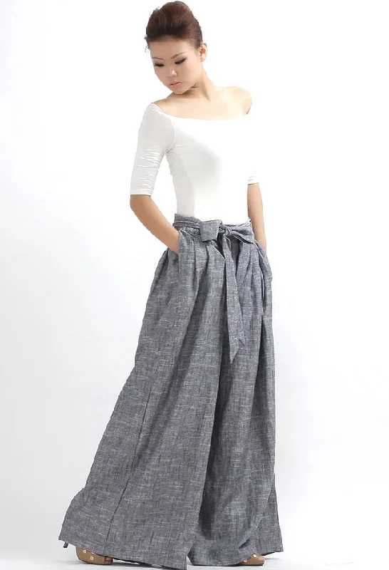 Wide Leg Pants - Gray Linen palazzo Pants with self tie belt 308