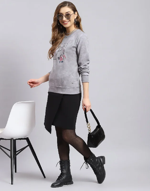 Women Grey Printed Round Neck Full Sleeve Sweatshirt