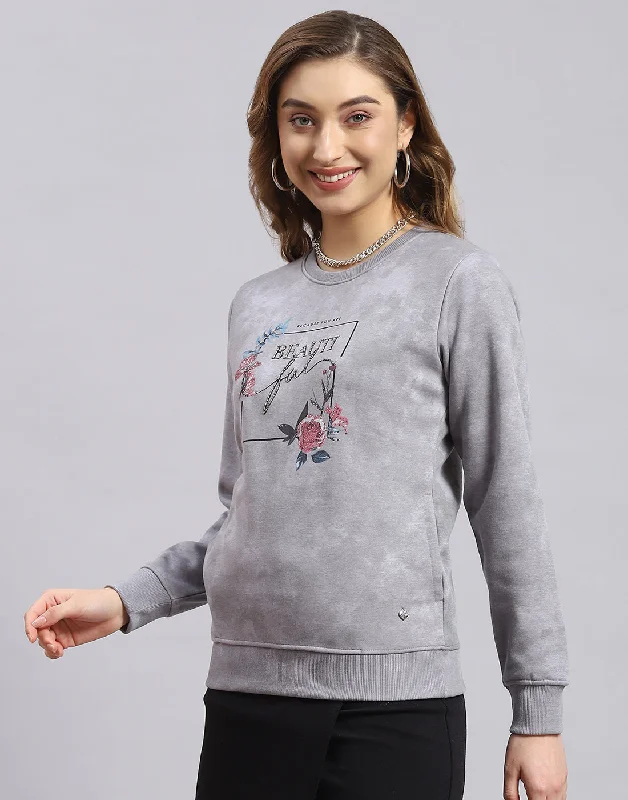 Women Grey Printed Round Neck Full Sleeve Sweatshirt