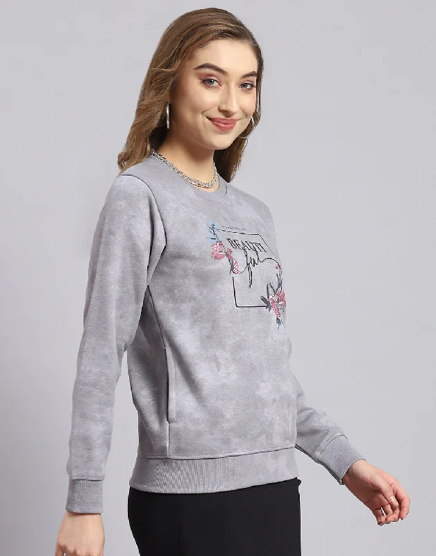 Women Grey Printed Round Neck Full Sleeve Sweatshirt