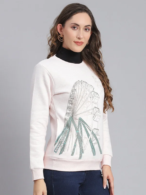 Women Pink Printed Round Neck Full Sleeve Sweatshirts