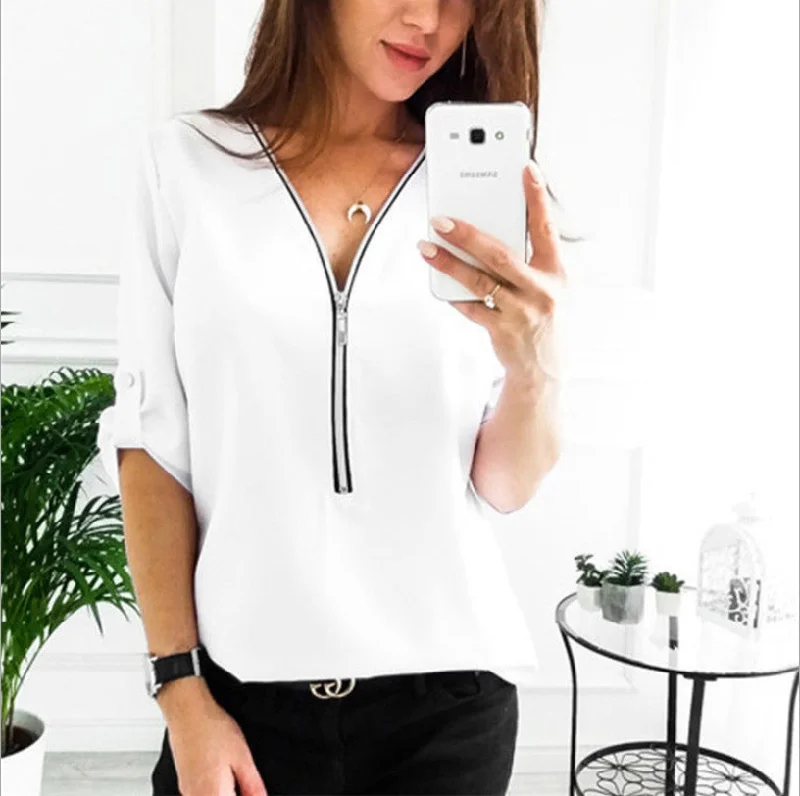 Women's Beautiful Long-sleeved Bottoming Shirt Zipper Blouses