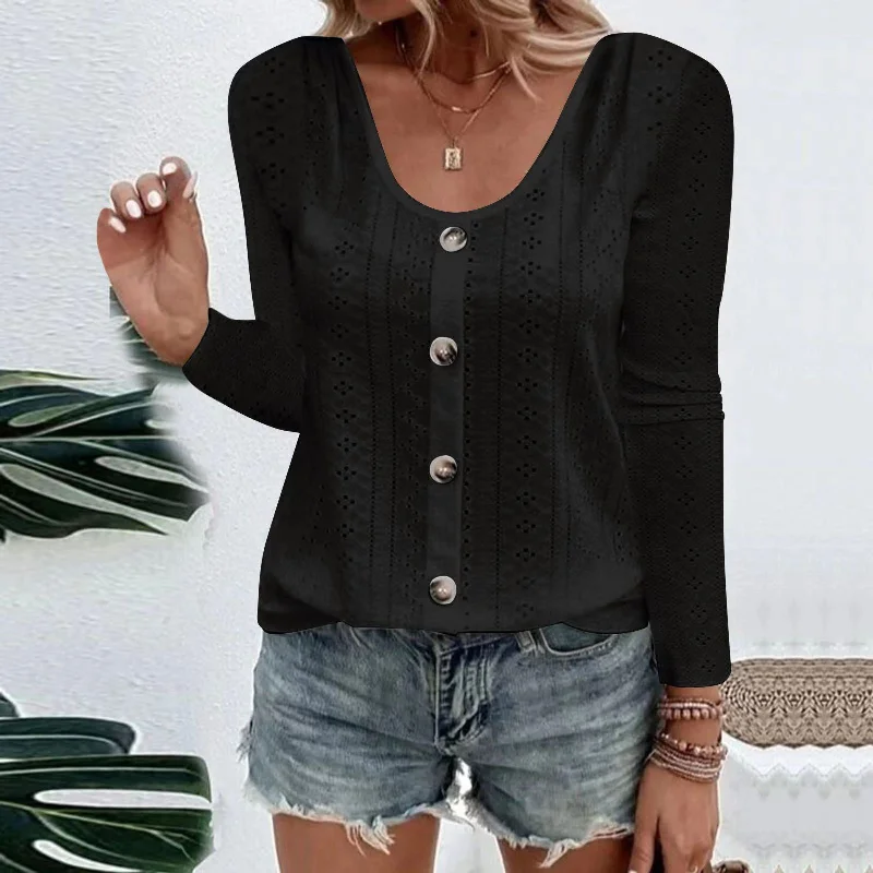 Women's Crew Neck Casual Loose Single-breasted T-shirt Blouses