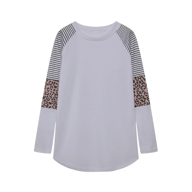 Women's Leopard Print Color Matching Striped Crew Blouses