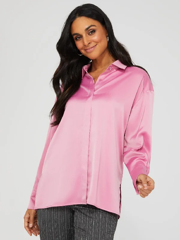 Oversized Satin Button-Front Blouse