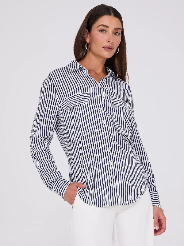 Striped Button-Up V-Neck Blouse