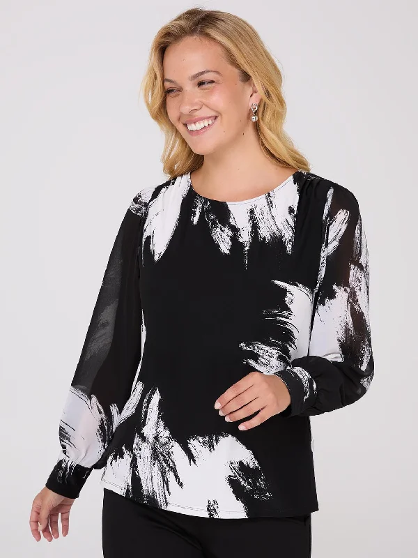 Printed Long Chiffon Sleeve Boat Neck Top