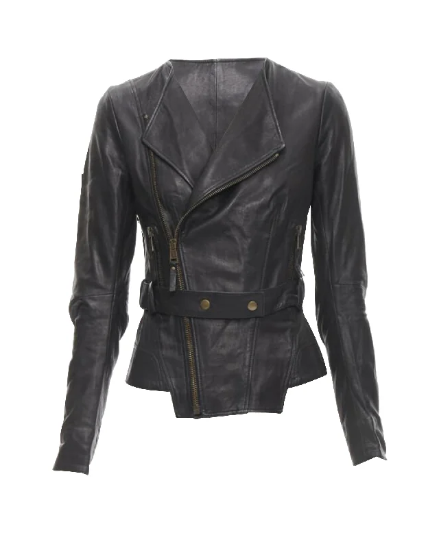 BALENCIAGA 2009 black lambskin leather asymmetric collar biker jacket