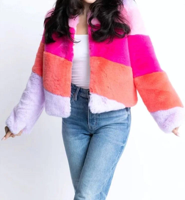 Colorblock Stripe Fur Jacket In Pink