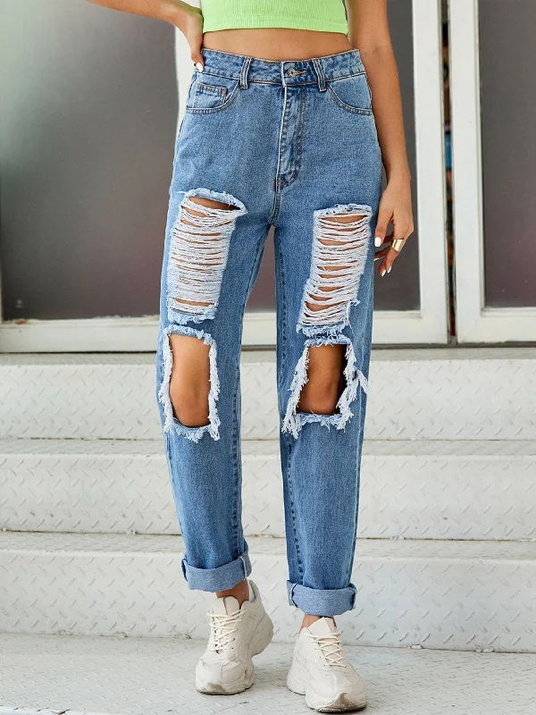 MegaBetty - High Waisted Ripped Straight Leg Jeans