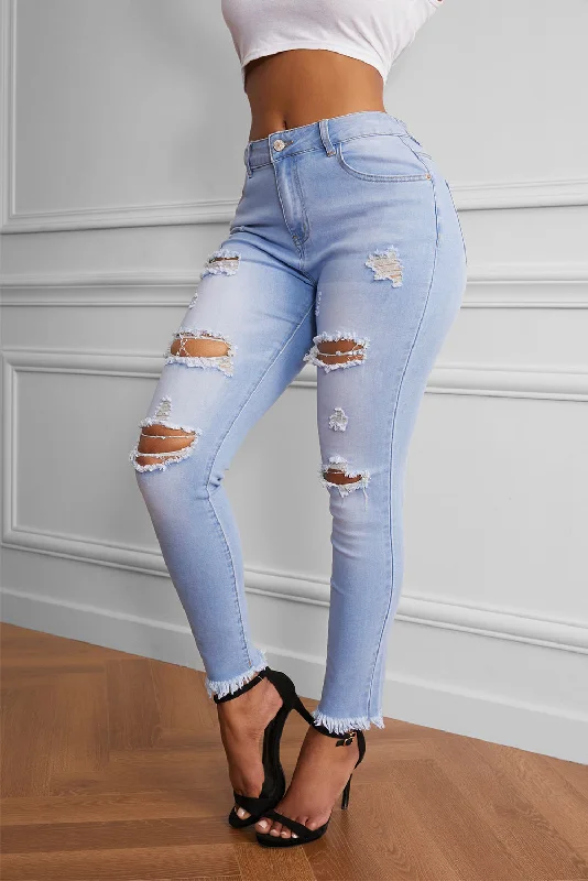 MegaBetty - Women's Distressed Ripped Mid Waisted Straight Leg Denim Pants Totally Shaping Skinny Jeans