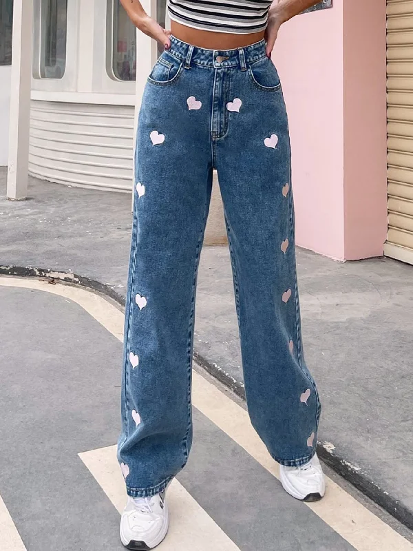 MegaBetty - Sweetheart Embroidery Wide Leg Jeans