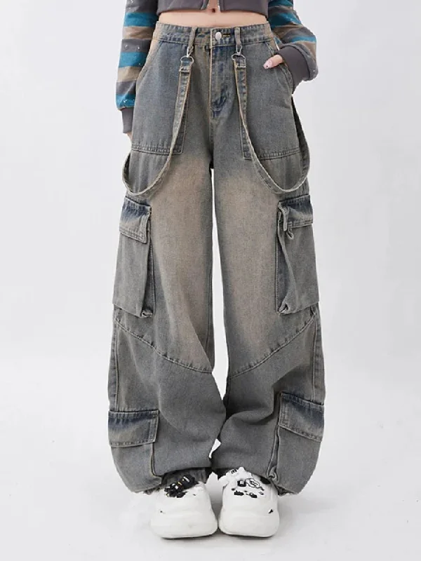 Women Y2k Low Waist Wide Leg Denim Trousers Streetwear Casual Pockets Pants