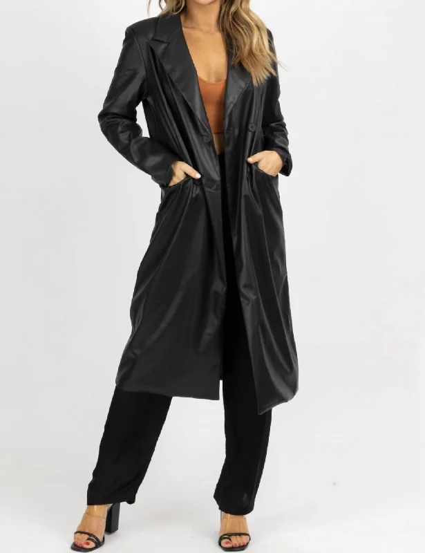 Faux Leather Relaxed Trench Coat In Black