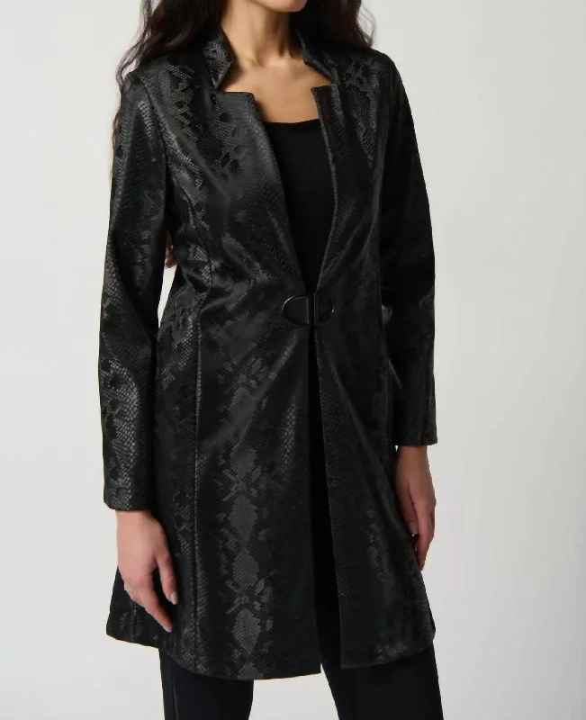 Faux Leather Snake Print A-Line Coat In Black