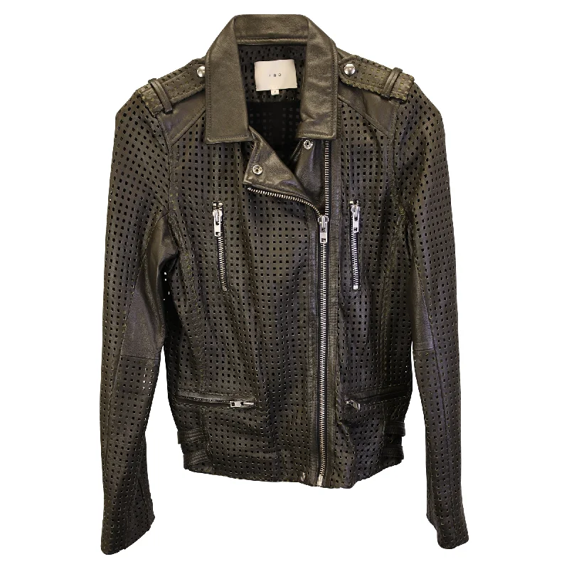 IRO Perforated Moto Jacket in Dark Green Leather