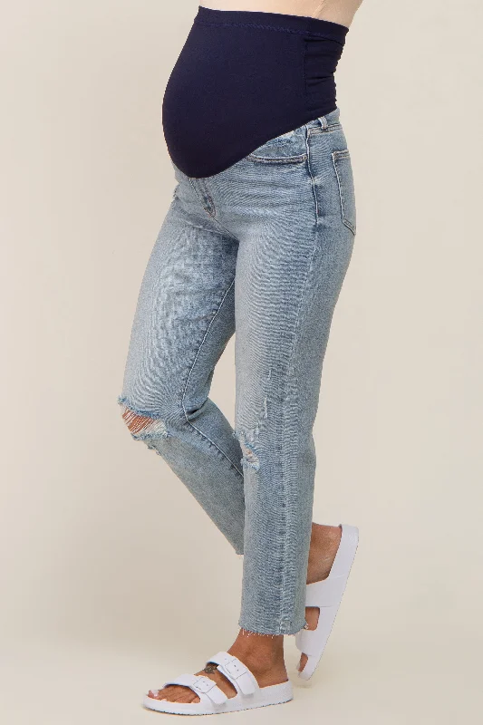 Light Blue Distressed Knee Maternity Straight Leg Jeans