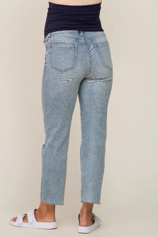 Light Blue Distressed Knee Maternity Straight Leg Jeans