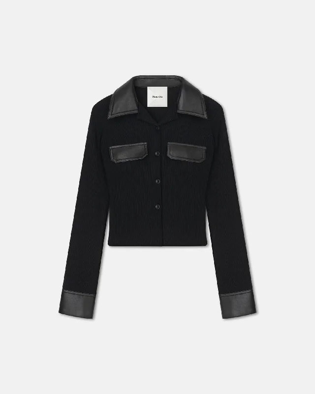 Rasima - Leather-Trimmed Ribbed-Jersey Shirt - Black